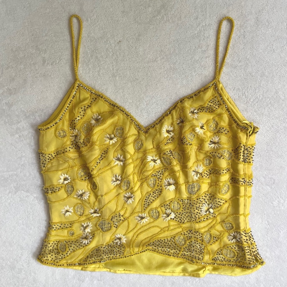 VTG Escada Camisole Top Yellow Beaded Floral Sequin Silk Chiffon V-Neck 36
